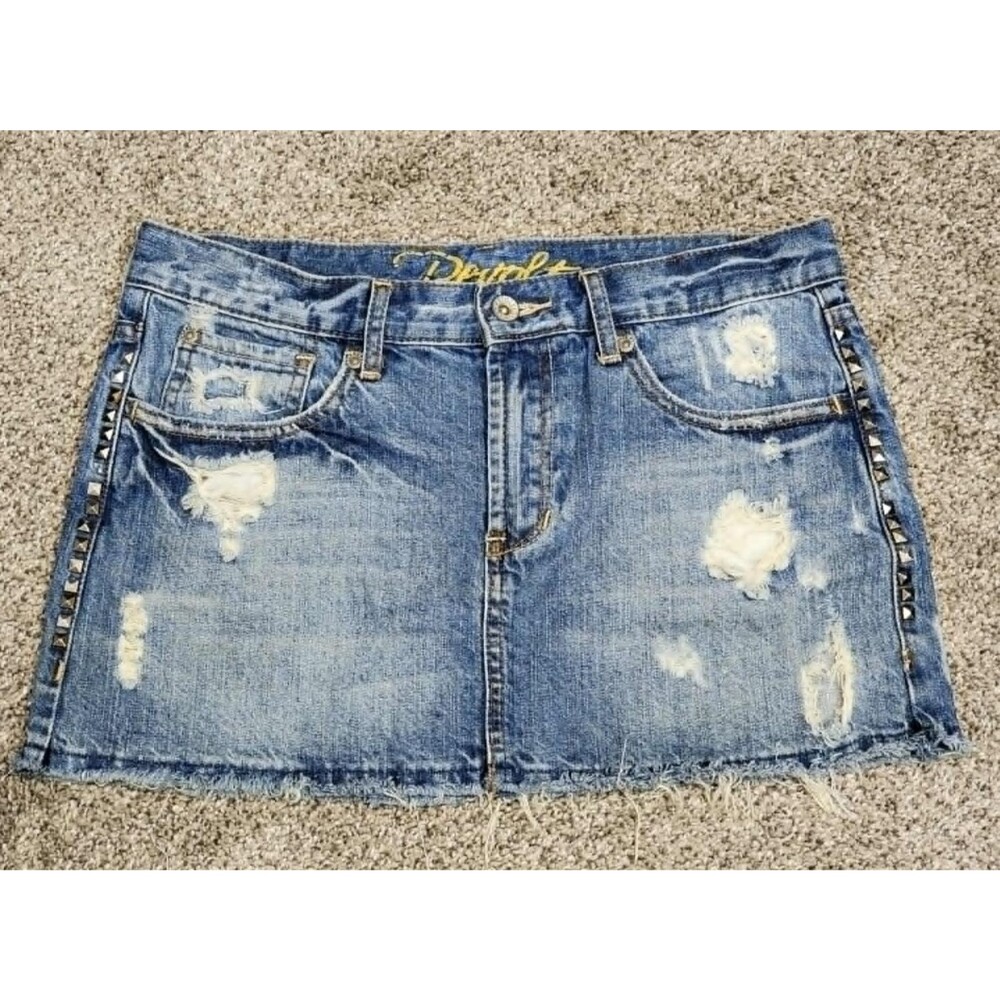 Vintage Y2K Revolt Mini Skirt Short Distressed Thrashed Studded Denim Womens 7